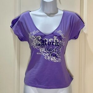 Marithe Francois Girbaud Purple Graphic Tee Flutter Sleeves 90’s Size Medium